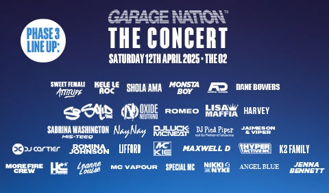 Promotional poster for "Garage Nation: The Concert" at The O2. The background features a concert crowd with blue lighting. The poster highlights the "Phase 3 Line-Up," showcasing various artists' names and logos in white text against a dark gradient background.