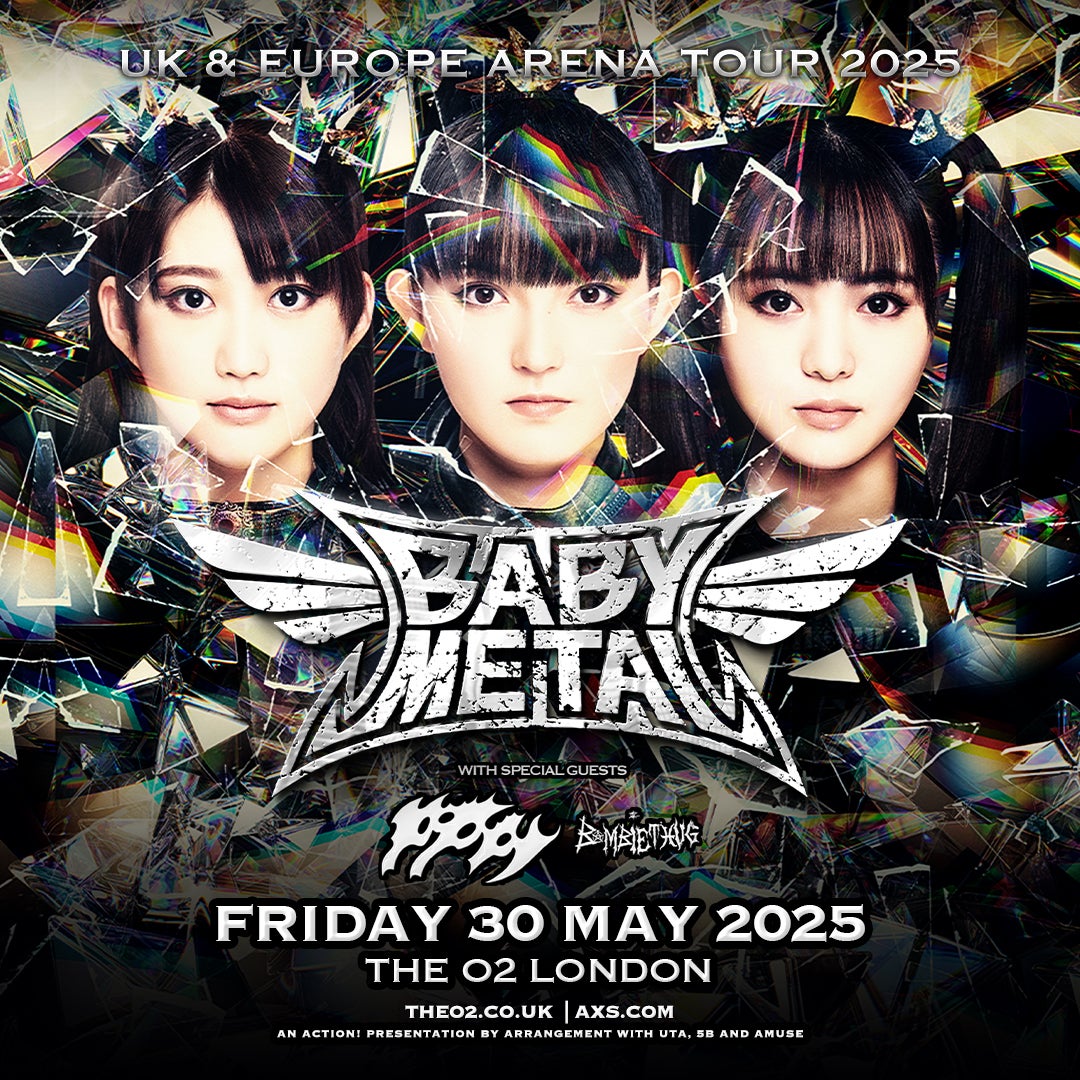 Concert poster for BABYMETAL's UK & Europe Arena Tour 2025. It features close-up portraits of the three band members against a shattered glass effect background. The BABYMETAL logo is prominently displayed with wing-like designs.