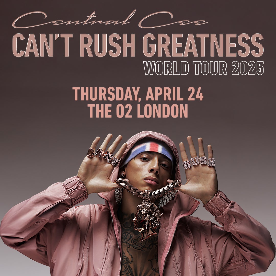 Promotional poster for Central Cee's "Can't Rush Greatness" World Tour 2025. Features Central Cee wearing a pink tracksuit and a union jack beanie, holding up his hands adorned with large rings