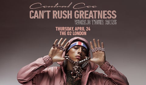 Promotional poster for Central Cee's "Can't Rush Greatness" World Tour 2025. Features Central Cee wearing a pink tracksuit and a union jack beanie, holding up his hands adorned with large rings