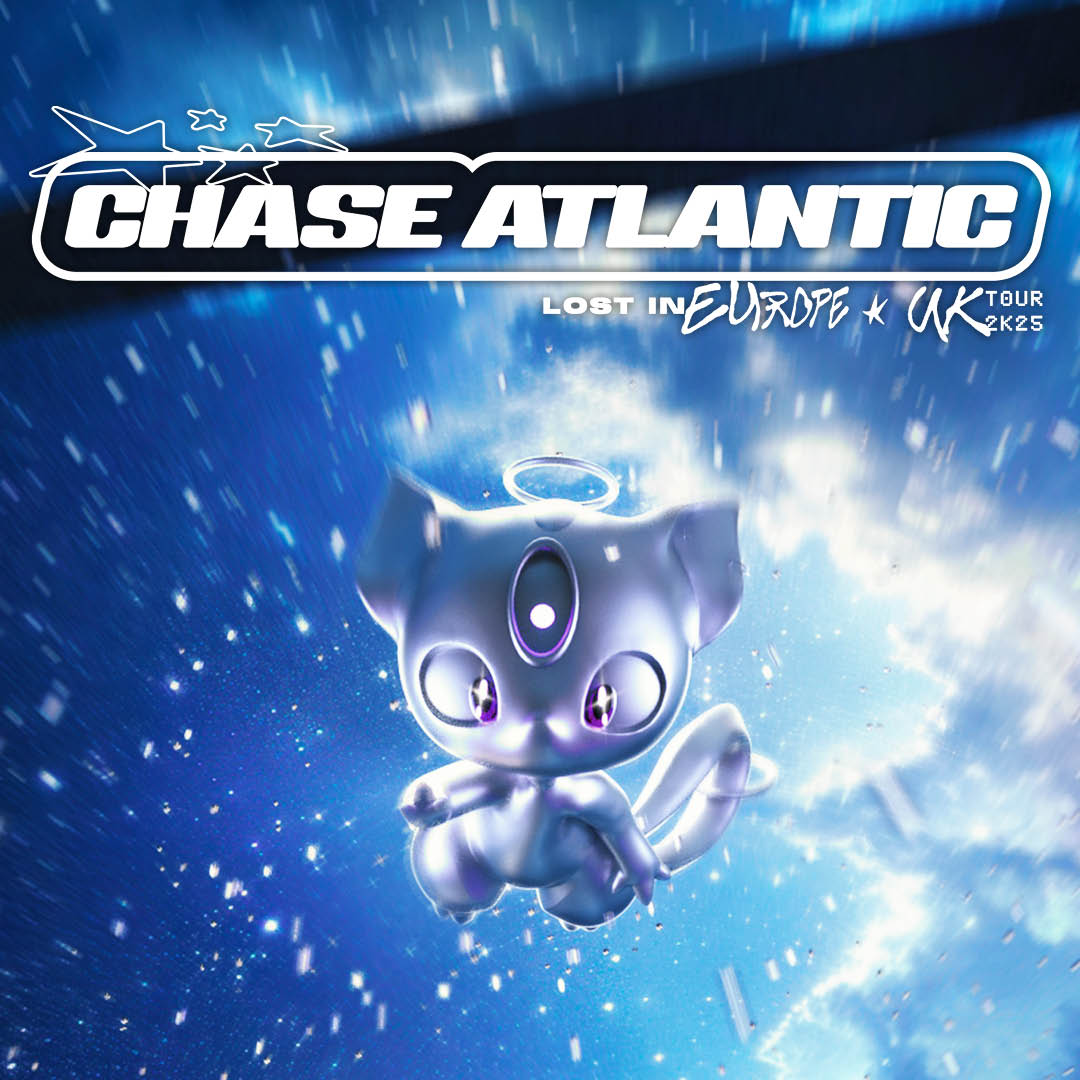 Promotional poster for Chase Atlantic's "Lost in Europe & UK Tour 2K25." Features a futuristic, glowing, cat-like creature with a halo floating in a cosmic blue background with streaks of light. The band's name is displayed in bold white typography with star accents. The scene has a dreamy, sci-fi aesthetic.