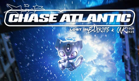 Promotional poster for Chase Atlantic's "Lost in Europe & UK Tour 2K25." Features a futuristic, glowing, cat-like creature with a halo floating in a cosmic blue background with streaks of light. The band's name is displayed in bold white typography with star accents. The scene has a dreamy, sci-fi aesthetic.