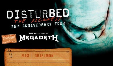 Concert poster for Disturbed's "The Sickness" 25th Anniversary Tour, featuring special guests Megadeth. The design includes a dark, eerie close-up of a menacing face wrapped in a restraint.