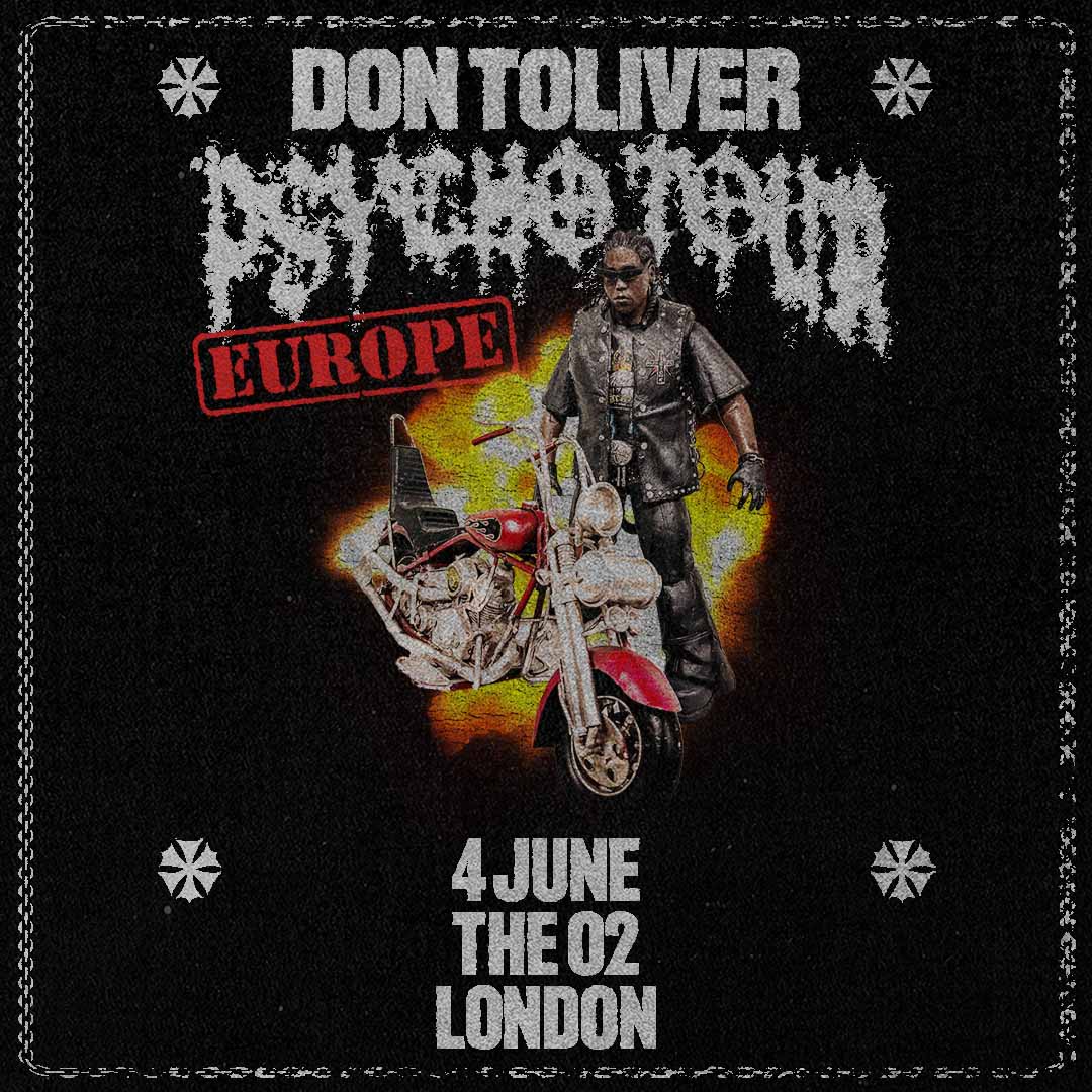 A promotional poster for Don Toliver's "Psycho Tour" in Europe. The design features a dark, grungy aesthetic with gothic-style text. Don Toliver is depicted wearing sunglasses and a studded leather outfit, standing next to a red motorcycle with flames in the background.