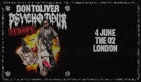 A promotional poster for Don Toliver's "Psycho Tour" in Europe. The design features a dark, grungy aesthetic with gothic-style text. Don Toliver is depicted wearing sunglasses and a studded leather outfit, standing next to a red motorcycle with flames in the background.