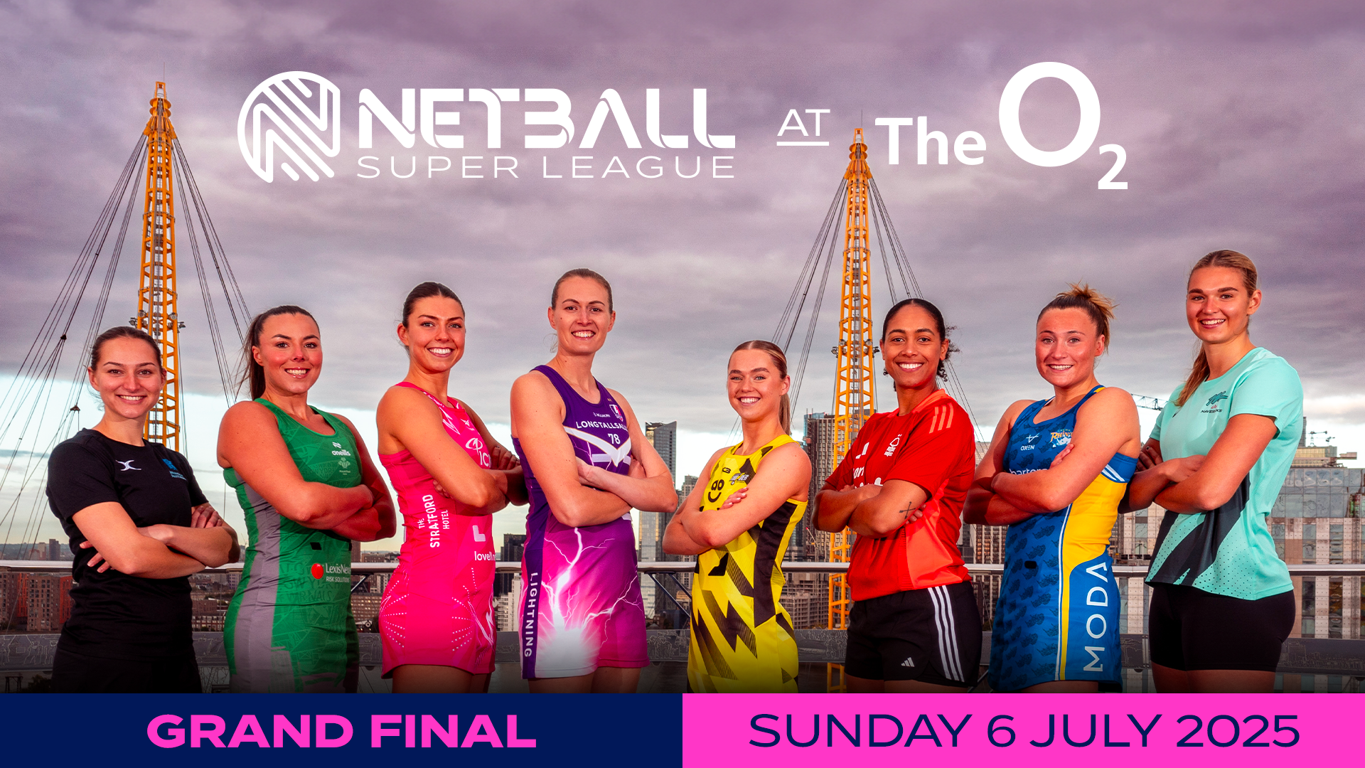 Six female netball players standing on top of The O2 