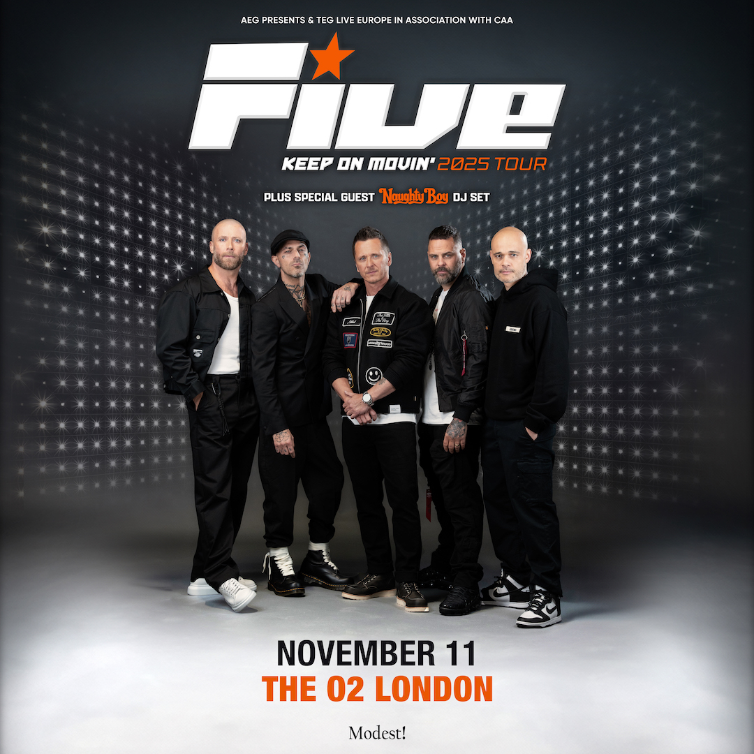 Promotional banner for Five's 'Keep On Movin’ 2025 Tour' featuring a group photo of the band dressed in black against a starry background.