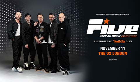 Promotional banner for Five's 'Keep On Movin’ 2025 Tour' featuring a group photo of the band dressed in black against a starry background.