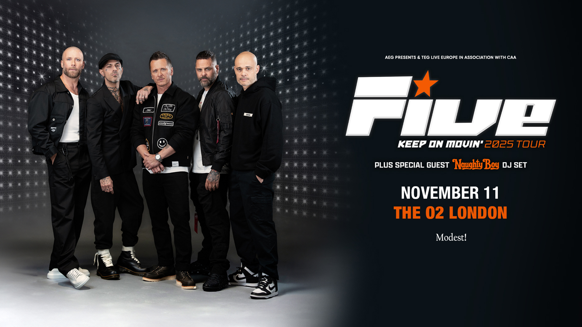 Promotional banner for Five's 'Keep On Movin’ 2025 Tour' featuring a group photo of the band dressed in black against a starry background.