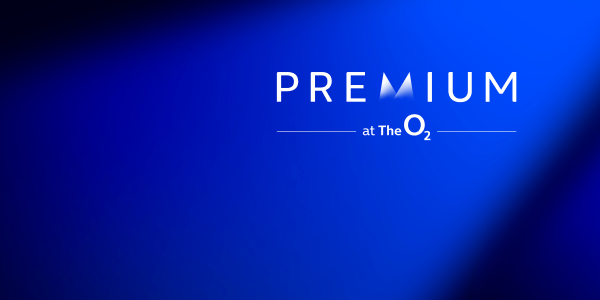 Blue background with Premium at The O2 written in white in the top right hand corner