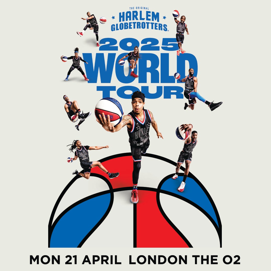 Promotional poster for the Harlem Globetrotters 2025 World Tour. Features multiple basketball players in action, performing tricks with basketballs, set against large blue text that reads "2025 WORLD TOUR." A stylised red, white, and blue basketball graphic is at the bottom.