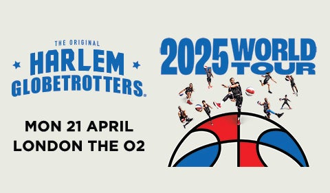 Promotional poster for the Harlem Globetrotters 2025 World Tour. Features multiple basketball players in action, performing tricks with basketballs, set against large blue text that reads "2025 WORLD TOUR." A stylised red, white, and blue basketball graphic is at the bottom.