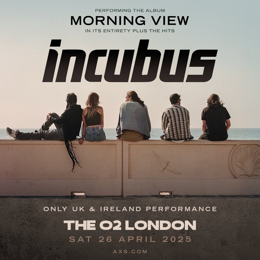 Promotional poster for Incubus' "Morning View" concert at The O2 London. Features a photo of the band sitting on a seaside wall, looking at the ocean.