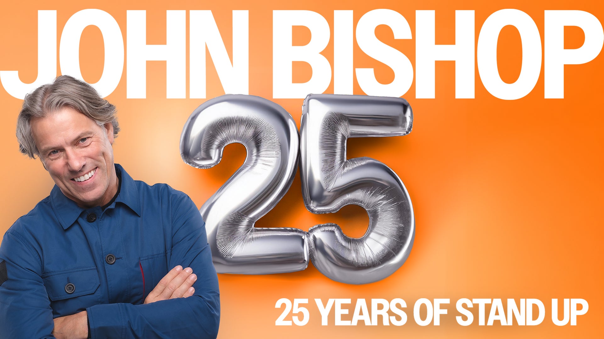 Image of John Bishop on an orange background with 25 balloons in silver next to him 