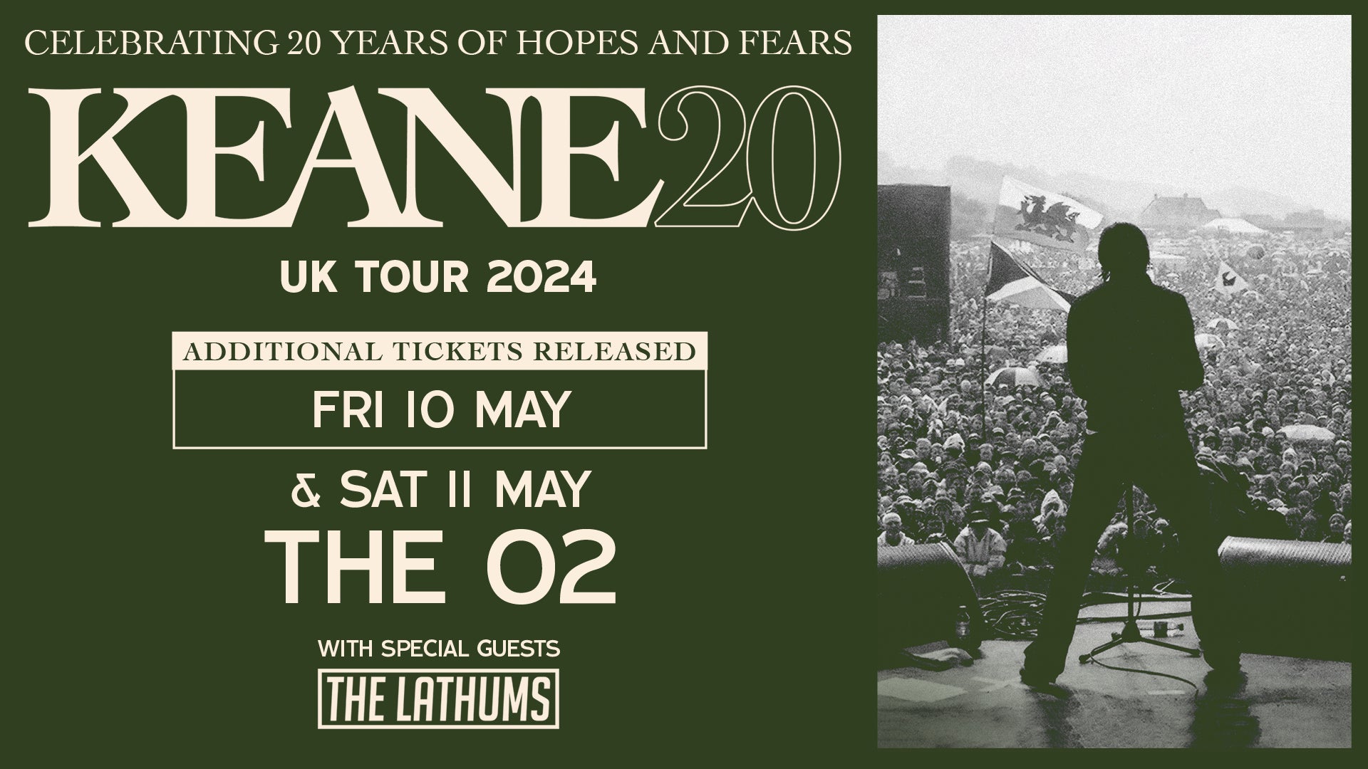 Event artwork for Keane's 20th-anniversary, featuring a black and white photo of a concert crowd and details of UK tour dates at The O2 with special guests The Lathums.