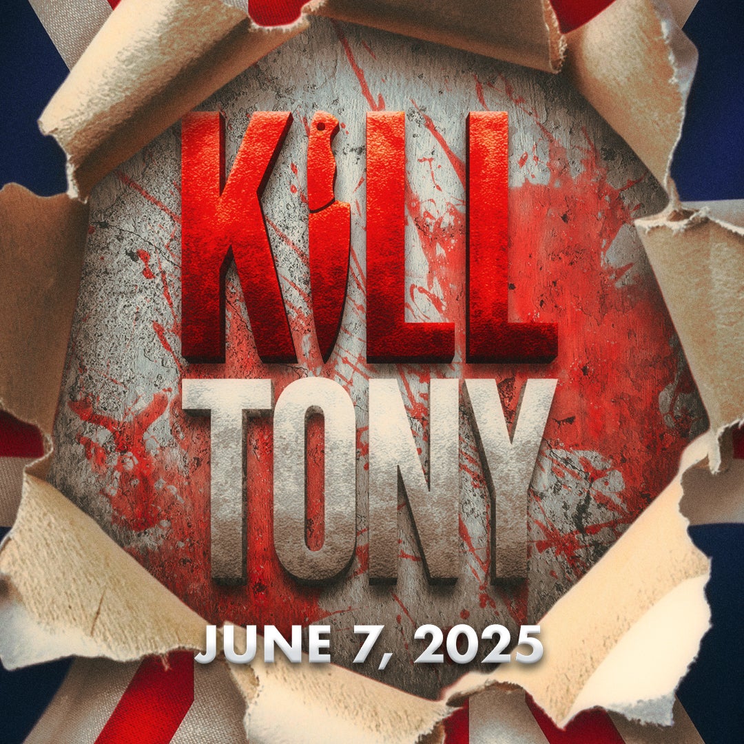 A promotional poster for the "Kill Tony" show, featuring bold red and metallic text with a distressed texture. The word "KILL" includes a knife shape in place of the letter "I," and the background has a torn paper effect revealing a blood-splattered concrete surface.