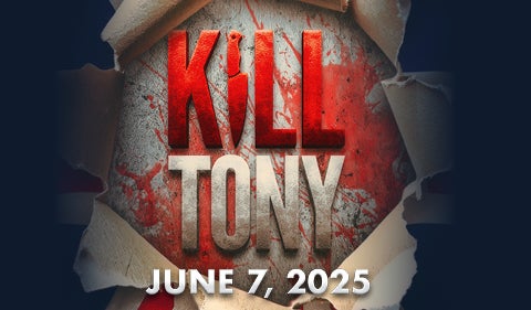 A promotional poster for the "Kill Tony" show, featuring bold red and metallic text with a distressed texture. The word "KILL" includes a knife shape in place of the letter "I," and the background has a torn paper effect revealing a blood-splattered concrete surface.