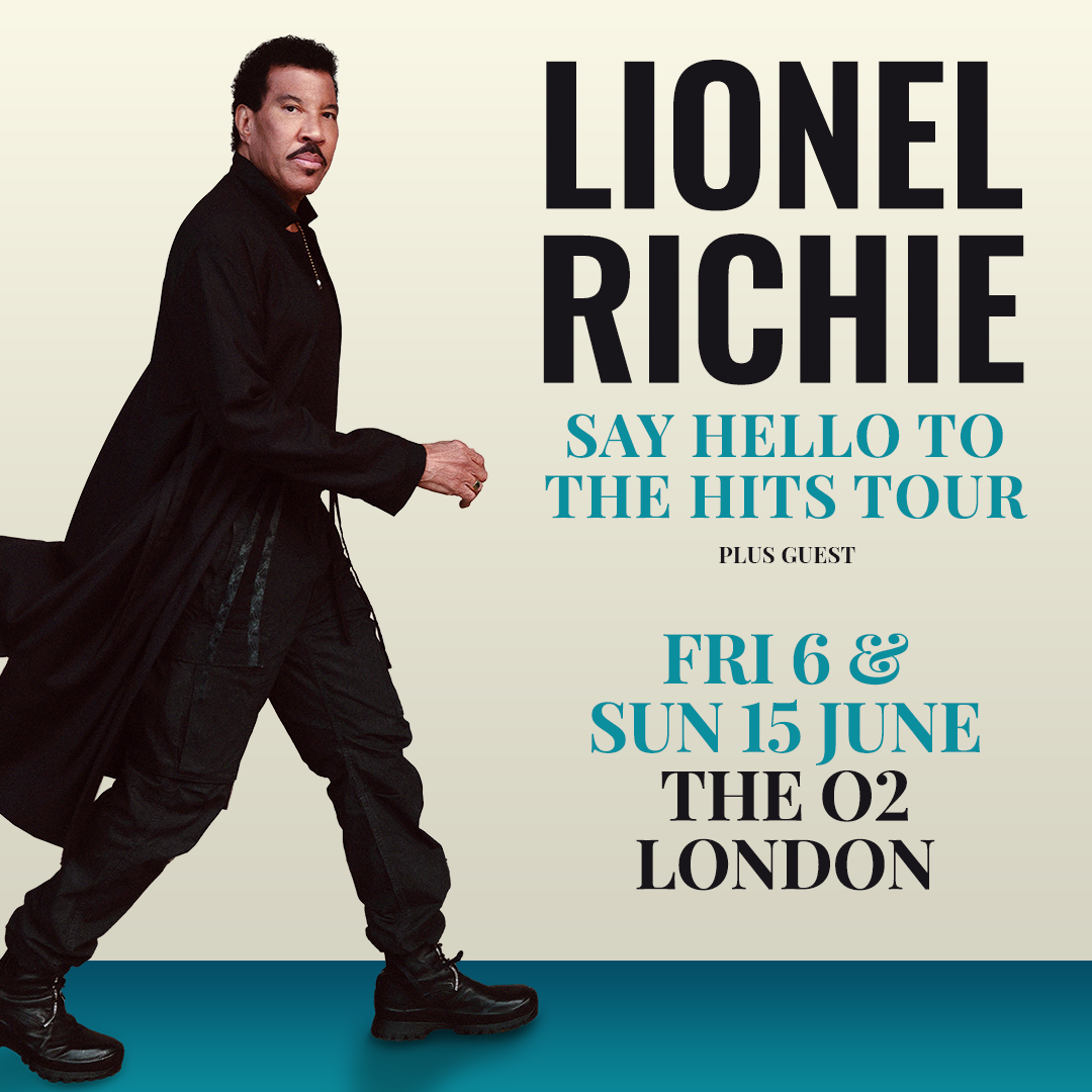 Promotional banner for Lionel Richie's 'Say Hello to the Hits Tour' featuring a stylish image of Lionel Richie in a flowing black coat.