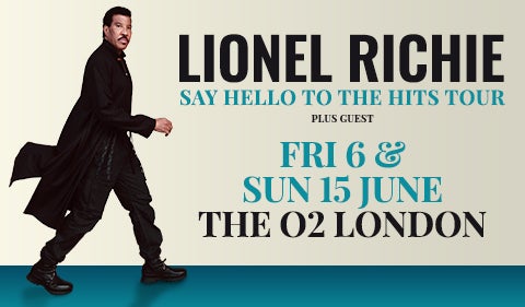 Promotional banner for Lionel Richie's 'Say Hello to the Hits Tour' featuring a stylish image of Lionel Richie in a flowing black coat.