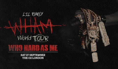 Concert poster for Lil Baby's "WHAM World Tour" with the tagline "Who Hard As Me." The design features bold red and white distressed text on a dark background. On the right, a hand covered in rings holds multiple diamond-encrusted chains and pendants.