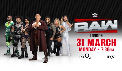 Promotional poster for WWE Raw in London, featuring a group of wrestlers posing against a black and grey gradient background.