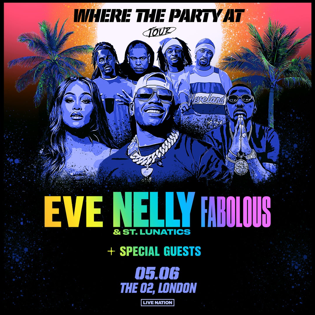 Colourful promotional artwork for the 'Where The Party At Tour' featuring Eve, Nelly & St. Lunatics, and Fabolous. The image has a neon-lit, tropical theme with palm trees, a sunset, and stylized portraits of the artists.