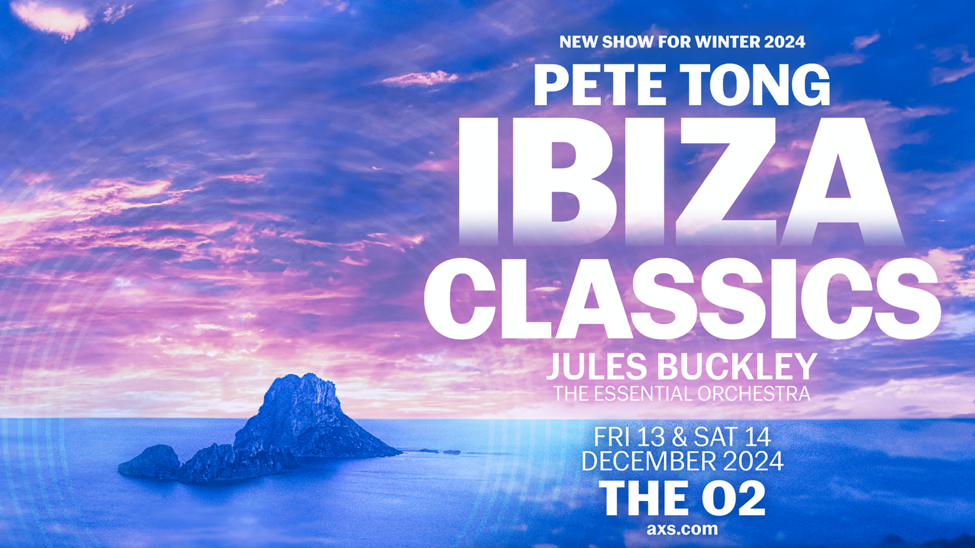 Image of the sea and mountains on a blue and pink background with 'Pete Tong's Ibiza Classics' written in white across the top of the image