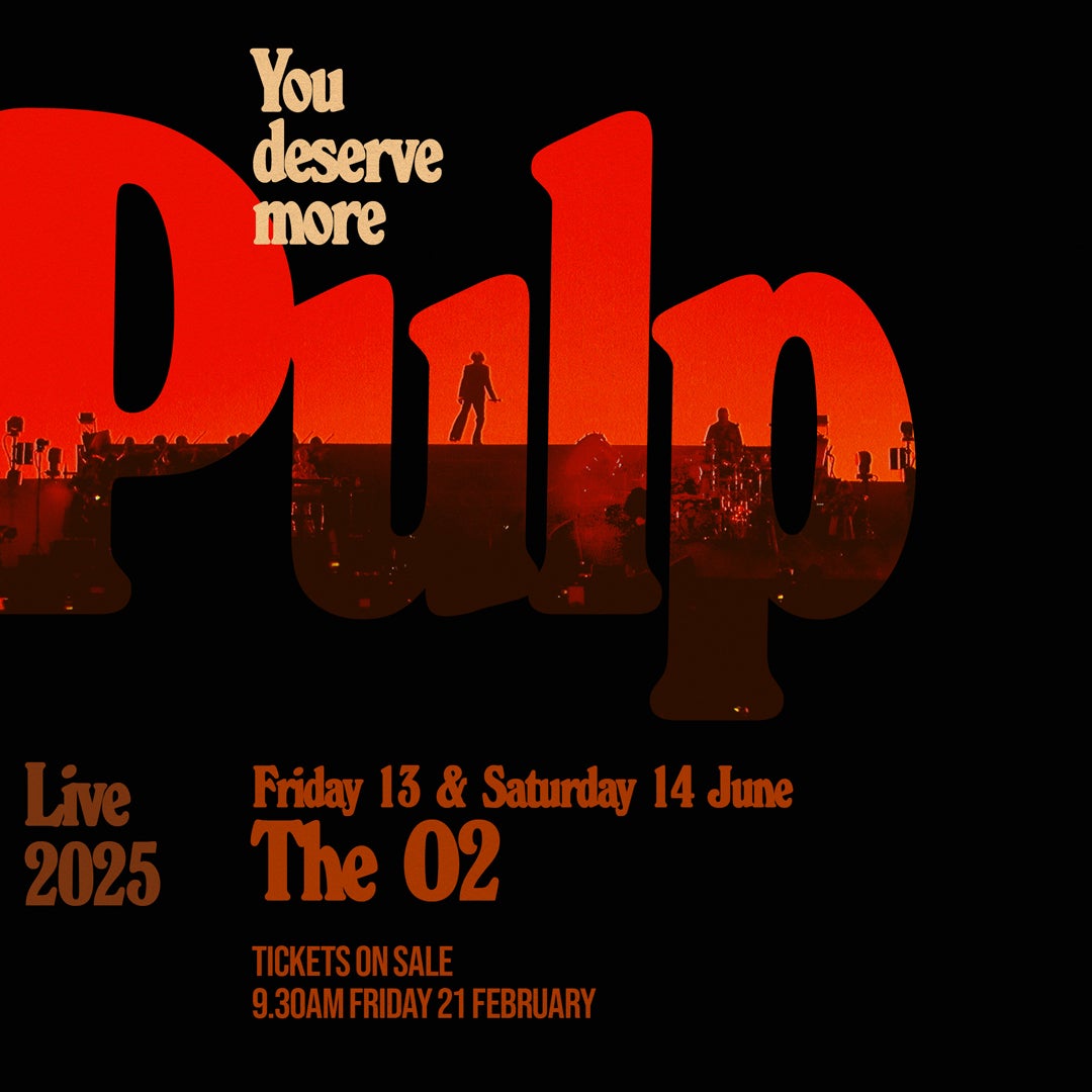 Promotional poster for Pulp's "Live 2025" concert at The O2. Features bold red typography with silhouettes of band members performing against an orange-lit stage background.