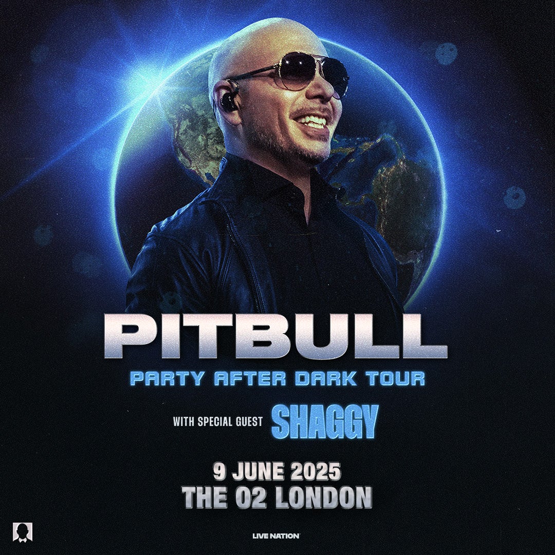 Pitbull promotional poster for the "Party After Dark Tour" featuring special guest Shaggy. The design has a dark space theme with Pitbull wearing sunglasses and a black jacket, smiling in front of a glowing Earth.