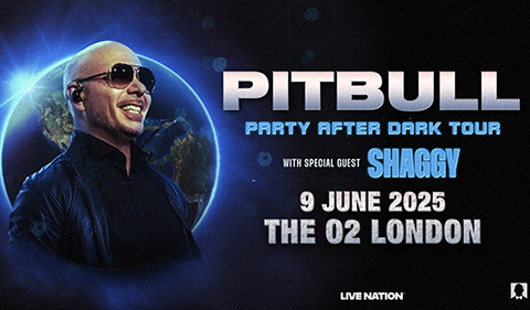 Pitbull promotional poster for the "Party After Dark Tour" featuring special guest Shaggy. The design has a dark space theme with Pitbull wearing sunglasses and a black jacket, smiling in front of a glowing Earth.