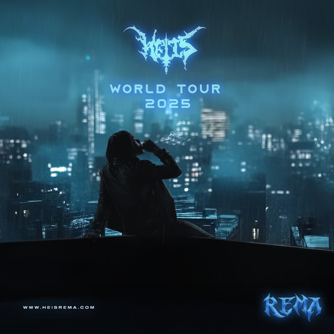 Rema sitting on a ledge overlooking a futuristic neon-lit cityscape, promoting his 2025 World Tour