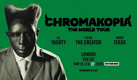 Concert poster for "Chromakopia: The World Tour," featuring a stylized black-and-white image of a person in a mask and suit against a green background.