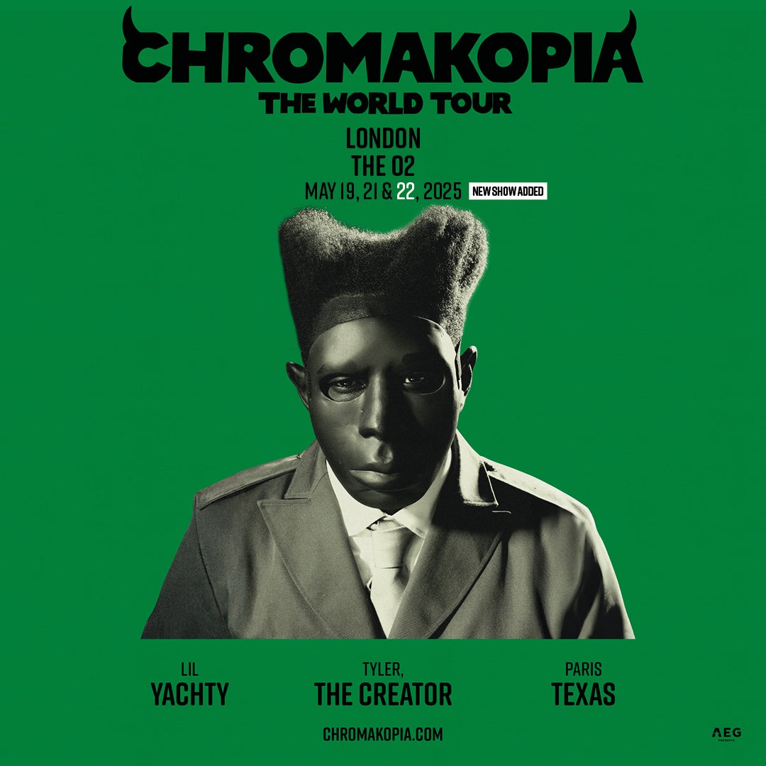 Concert poster for "Chromakopia: The World Tour," featuring a stylized black-and-white image of a person in a mask and suit against a green background.