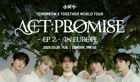 Promotional poster for TOMORROW X TOGETHER's world tour "ACT: PROMISE" - EP.2 in Europe. The image features the five TXT members dressed in elegant white outfits, standing under a large tree.