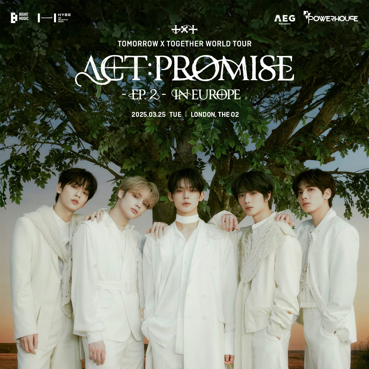 Promotional poster for TOMORROW X TOGETHER's world tour "ACT: PROMISE" - EP.2 in Europe. The image features the five TXT members dressed in elegant white outfits, standing under a large tree.