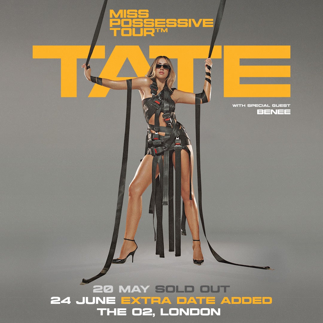 A promotional poster for Tate McRae's "Miss Possessive Tour" featuring special guest Benee. Tate McRae poses in a black strappy outfit with long ribbons, wearing sunglasses and high heels against a grey background.