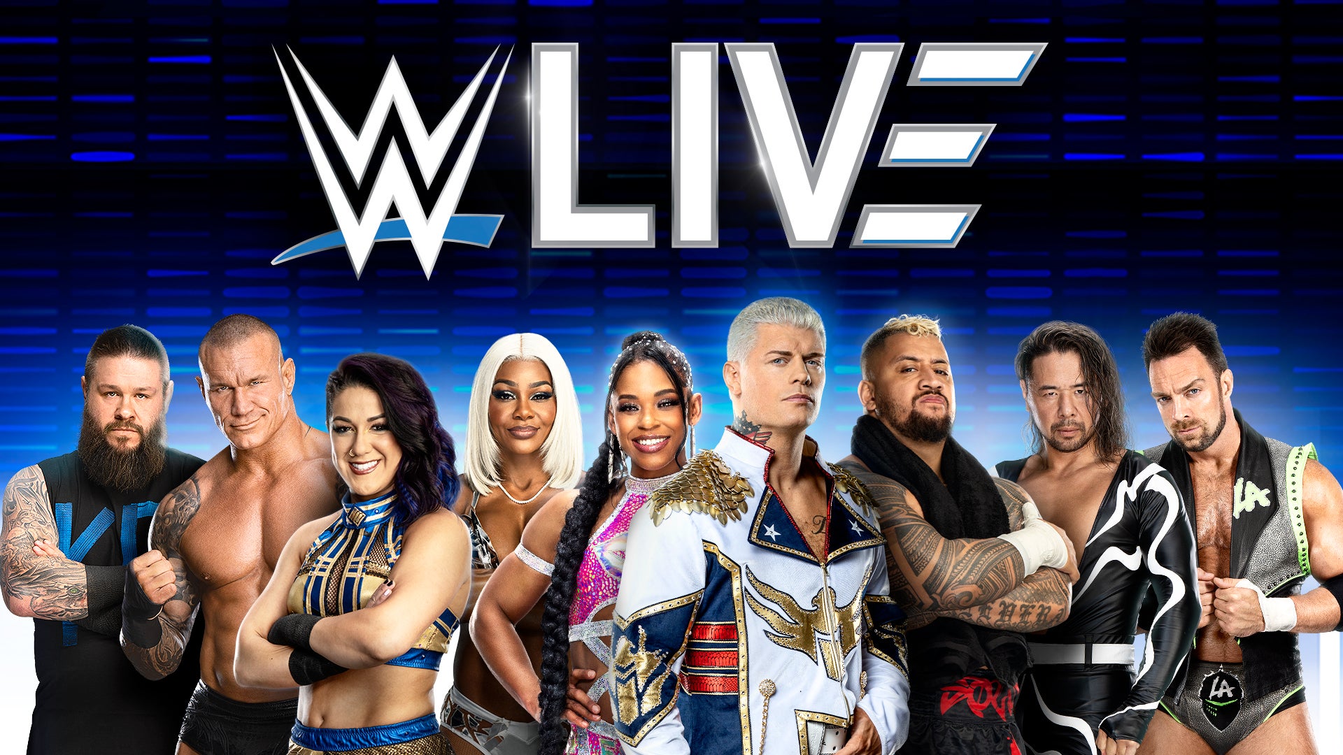 Image of WWE Wrestlers standing in a line across blue and black ground 