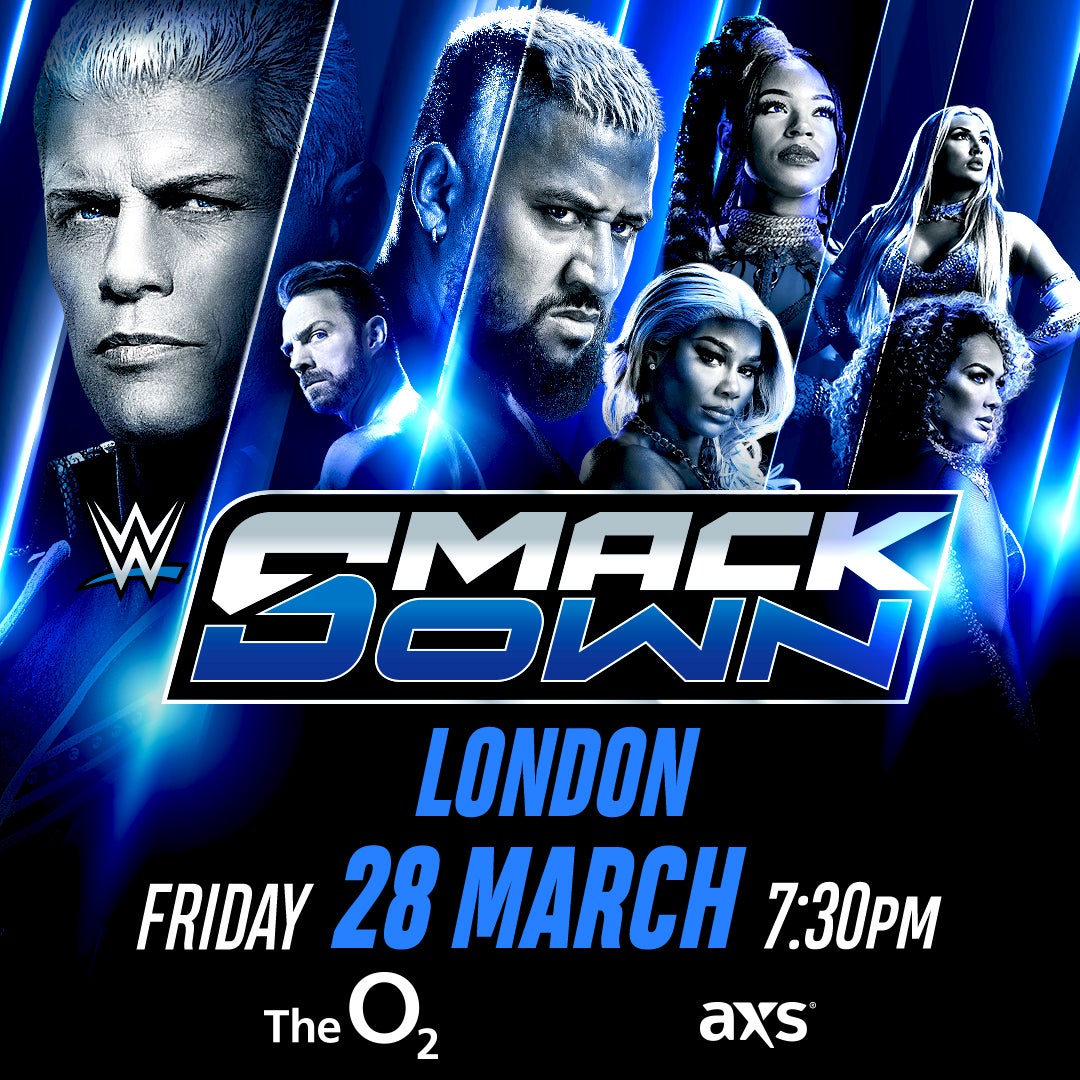 Promotional poster for WWE SmackDown in London, featuring a lineup of wrestlers in a blue-themed design.