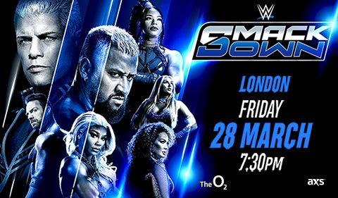 Promotional poster for WWE SmackDown in London, featuring a lineup of wrestlers in a blue-themed design.