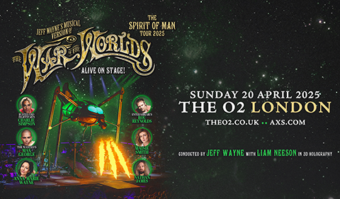 Promotional poster for Jeff Wayne's musical version of "The War of the Worlds" live on stage at The O2 in London. The artwork features a large, glowing green Martian fighting machine with fire coming from its base, set against a dark starry sky. 