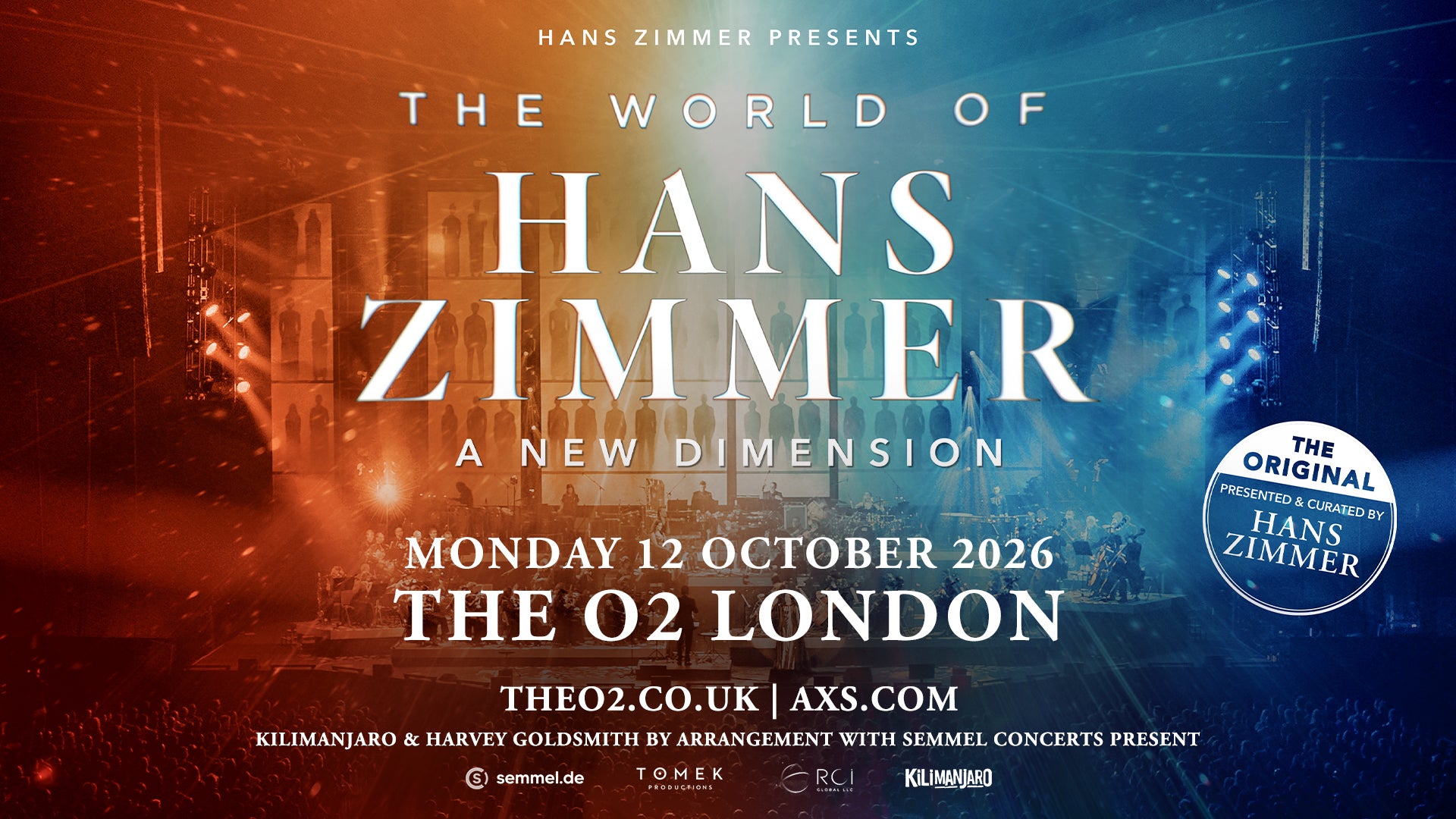 Concert poster for 'The World of Hans Zimmer: A New Dimension,' featuring a cinematic background with warm and cool lighting.