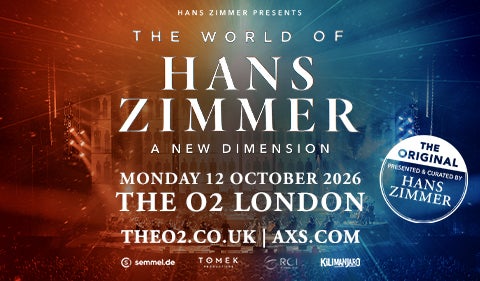 Concert poster for 'The World of Hans Zimmer: A New Dimension,' featuring a cinematic background with warm and cool lighting.