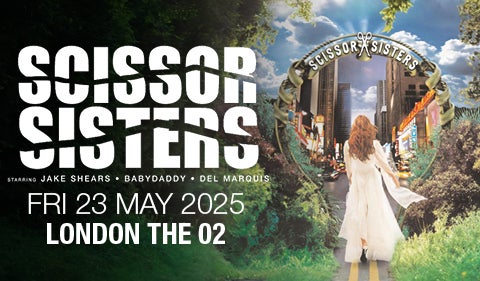 Concert poster for Scissor Sisters featuring bold white text with a scissor-cut design. The background showcases a surreal scene of a woman in a flowing white dress walking from a lush green forest into a cityscape through an arch labeled "Scissor Sisters."